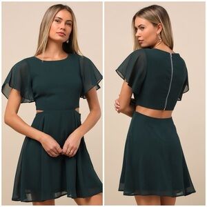 LULU’S Blissful Love Dark Green Cutout Mini Skater Dress